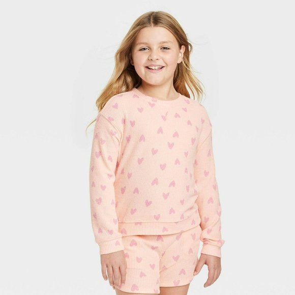 Girls' Cozy Waffle Top Cat & Jack Soft Peach Medium - Picture 1 of 8